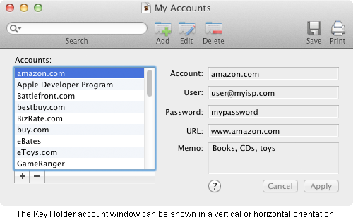 The Key Holder account window can be shown in a vertical or horizontal orientation.